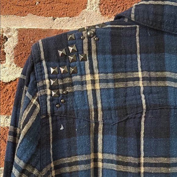 Free People Blue, Tan, White Embellished Button Down Plaid Shirt - Picture 7 of 8